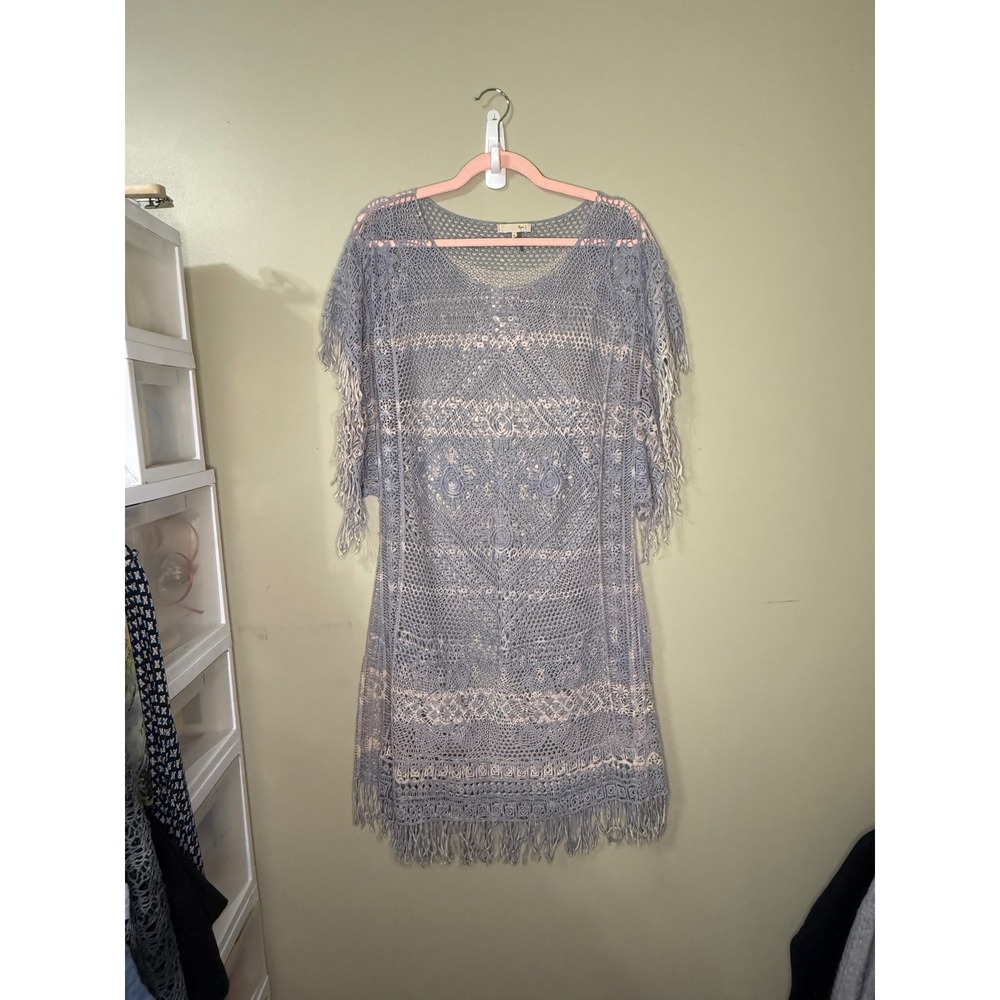 Ryu Crochet Fringe Mini Dress Blue Cream Boho Open Knit Tunic RDA3969-S6P1 F